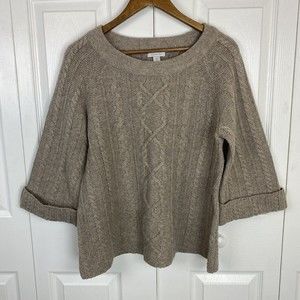 Garnet Hill Size M 100% Wool Brown Sweater Pullover Cable Knit Fisherman